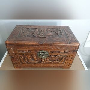 Carved Wooden Jewelry Box with Brass Latch